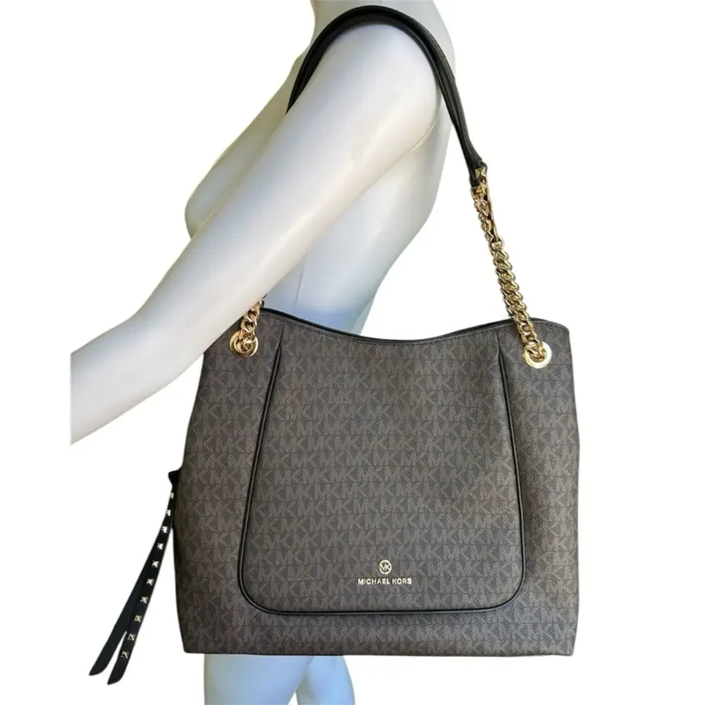 Michael Kors Jet Set Large Chain Tote Brown MK Monogram PVC Leather Trim Bag EUC